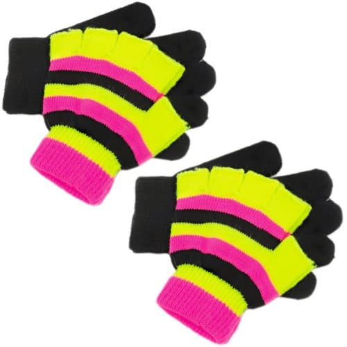 Pack Of 2 x Kids' Double Layer Gloves With Neon Yellow Striped Fingerless Gloves