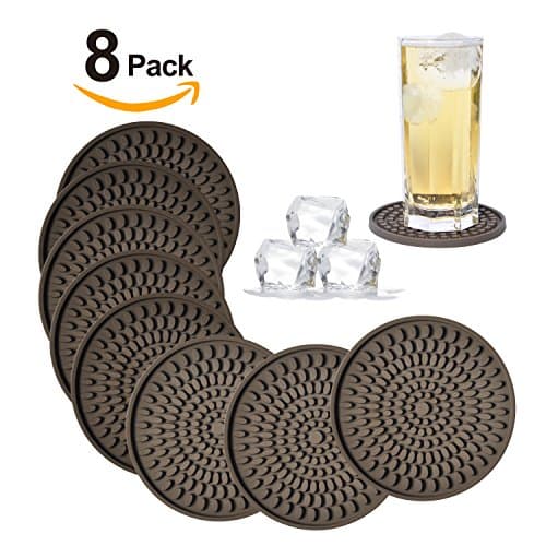 Silicone Drink Coasters Set-Deep Tray,Large 4.3 inches Size Protect Table Desk From Drinks, Beverage,Water or Alcohol Like Whiskey, Beer, Wine,Tropical Cocktails by Kindga … (Brown-oval)