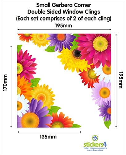 Stickers4 Gerbera Window Corners - Double Sided Static Cling Stickers - Home Decorations (Small Set)