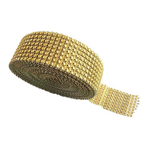 Derker 8 Row Acrylic Bling Rhinestone Diamond Crystal Mesh Wrap Roll Cake Ribbon Banding, Wedding and Party Decoration, 1.5 X 10 Yards (Gold) by Derker
