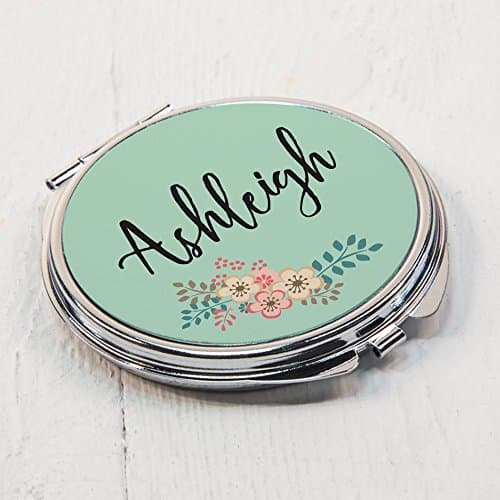 Green Flower Round Compact Mirror - Personalised with any name