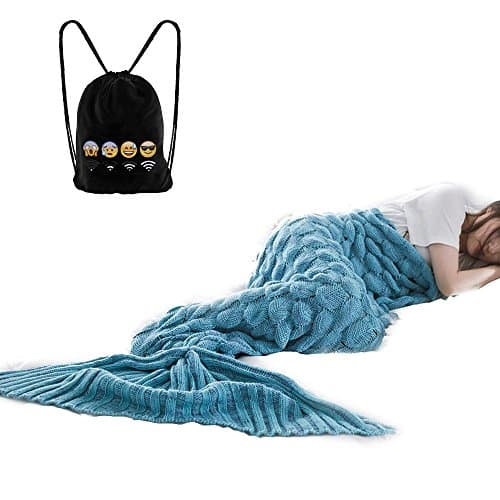 Mermaid Tail Blanket,Soft and Warm Bed Sofa Sleeping Bag Yarn Snuggle Mermaid Blanket 200×90cm Adult Size with 1*Drawstring Bag (Blue)