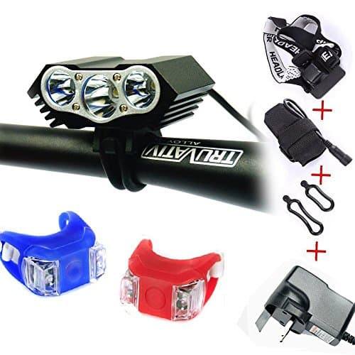 Woporr Head Lamp torch 3X Cree XML T6 LED Bicycle Bike Lights Front Mounted Rechargeable (3 LED,4 modes)Headlight,Rechargeable HeadLamp Cycling Bicycle Light HeadLight with Charger + 4pcs 18650 batteries +Headband & 2pcs Bright Waterproof bike bicycle rear tail lights
