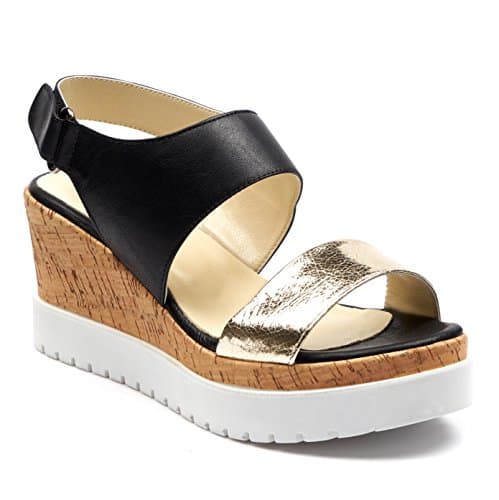 BOBERCK Veronica Collection Women's Open Toe Platform Summer Wedge Leather Sandals (6 US, Black Gold)