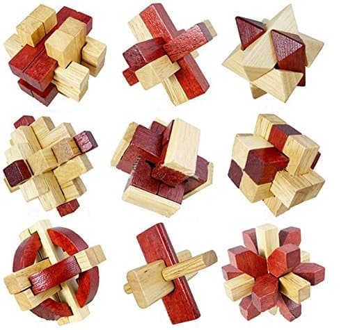 Littlefun 3D Wooden Magic Cube Brain Teaser Puzzles Rubik Chinese Interlocked Lock Block Intelligence Travel Toys Adults and Children Leisure Games (9-Pieces Set)