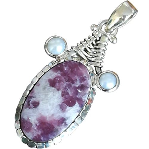 CZgem Nature Ruby Zoisite & Pearl Pendant, 925 Sterling Silver Retro Boho Shape, 1.9"