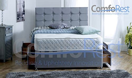 4FT Small Double NO DRAWERS Paris Grey Fabric Divan Bed Set includes Memory Mattress and Headboard