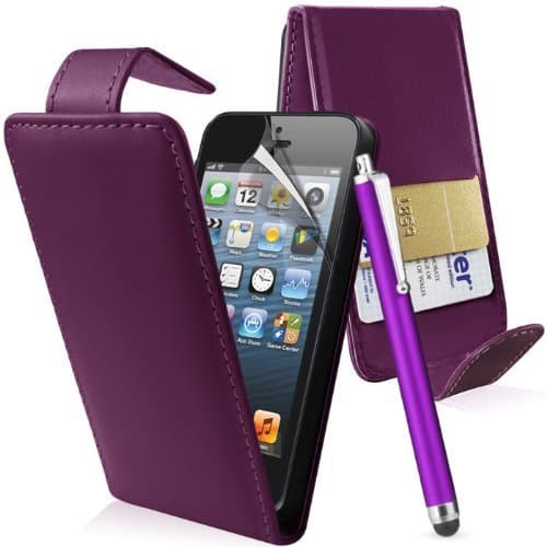 MODACCESS IPHONE 5 LUXURY FLIP PU LEATHER CASE COVER POUCH + 3 x SCREEN PROTECTOR + STYLUS PEN (Purple)