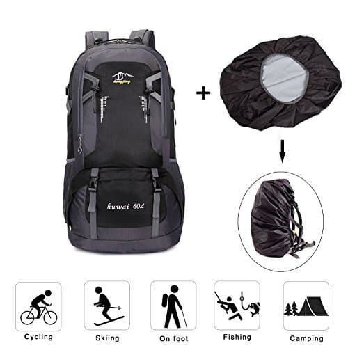 Hiking Backpacks 60L Waterproof Backpack Large Camping Trekking Daypack Lightweight Traveling Bags with Rain Cover for Travel Climbing Outdoor Activities (Black)