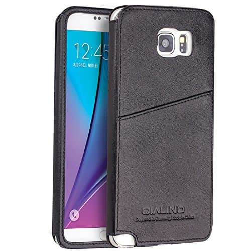 Sumsung Note5 Case, Ultra thin Genuine Leather Back Cover Bumper with Card Slot, QIALINO Soft Durable Phone Protector for Sumsung Galaxy Note 5