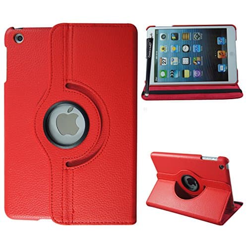 For Apple Ipad Mini 2 Matte Plain Red 360° Degree Rotating Printed PU Leather Stand Flip Case Cover Pouch + FREE STYLUS PEN By CONTINENTAL27