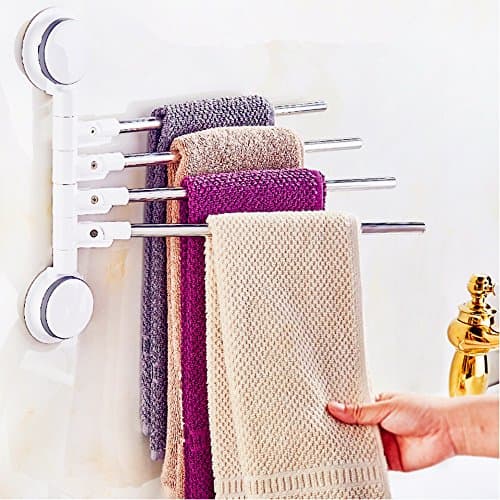 Gaoyu No Tools Required Suction Cup Adhesive Wall-Mounted Stainless Steel Swing Bathroom Towel Rack Hanger Holder (4-Arm)