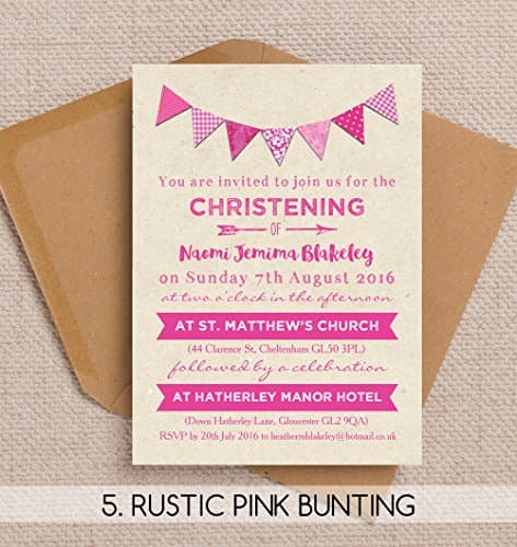 10 Personalised Rustic Pink Bunting Christening / Baptism Invitations with Envelopes