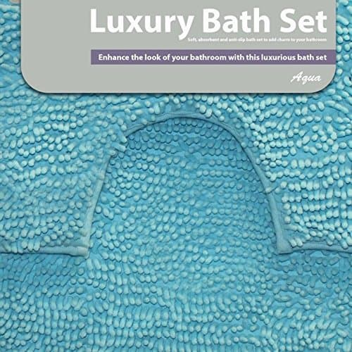 2pc Luxury Memory Foam Shag Pile Bath Mat and Pedestal Set - Colour Aqua