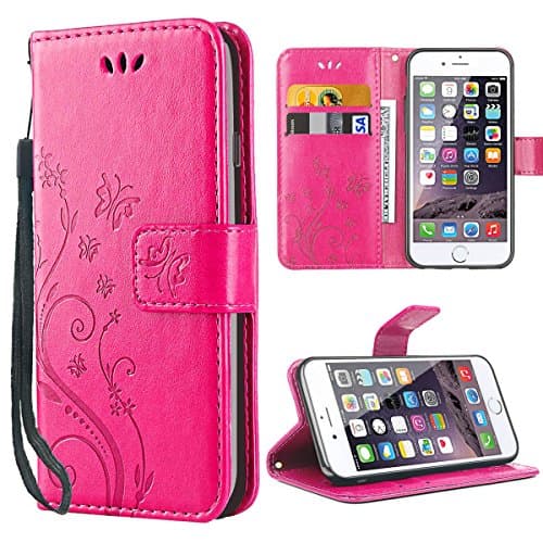 iDoer iPhone 6 Leather Butterfly Pattern Folio Flip Wallet Cover and PU Case with Stand Lanyard Card Holders Slots Magnetic Closure Protective Case for Apple iPhone 6 6S - Rose