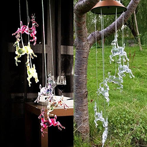 AUTOPkio Color-Changing LED Solar Wind Chime, LED Changing Light Color Waterproof Christmas Elk Wind Chimes, Xmas Deer String Night Garden lights for Home, Party Decoration, Gifts