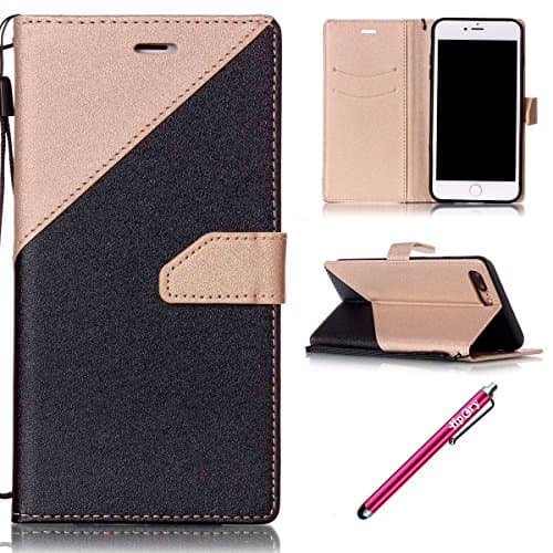 iPhone 7 plus Leather Case,Hpory Luxury Scrub Black And Gold Pattern Book Style Flip Stand Support PU Leather Walllet Case with Credit Card Holder Soft Silicone Protector Bumber Case for iPhone 7 plus + 1 x Hpory Stylus