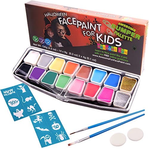 Halloween Face Paint Kit, Big Bumper 16-Pack for Kids. Face Painting Set with Stencils. Professional Party Palette, 14 Colours, 2 Sponges, 2 Brushes, Glitter Gel, FREE eBook Safe Non-Toxic Water-Based