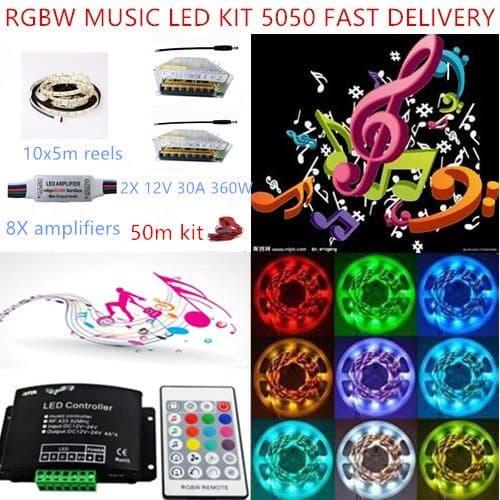 Morelight 12v 24v 5/10/15/20/30/40/50/60m RGBW kit LED Strip Adhesive 5050 + music remote controller + PSU power supply transfomer mains + amplifier no lag + extention cable (50m, 24v rgb+ww nonwaterproof)