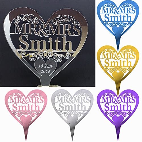 Personalised Wedding Cake Topper Mr & Mrs Heart Table Decoration Mirror Acrylic
