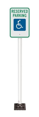 Handicap Reserved Parking Sign on 66" White Post Fixed Bottom, Fixed Base Included