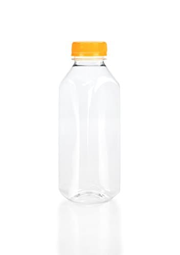 (6) 16 oz. Clear Food Grade Square Plastic Juice Bottles with ORANGE Tamper Evident Caps 6/pack (16oz, Orange lid)
