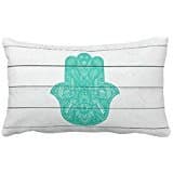 Hip Turquoise Hamsa Hand Henna Pattern Wood Stripe Throw Pillow 50% Cotton 50% Polyester 20 x 12 inches Pillowcase