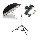 Ivationstudio 43-inch Collapsible White Satin Umbrella Flash Kit with Hot Shoe Umbrella Holder Adapter Mount with Swivel / Tilt Bracket with Aluminum Adjustable Light Stand