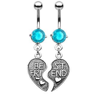 Best Friend Navel Ring ( 2 pcs pack) - Heart Charm Pendent CZ Navel Ring ( Truquise )