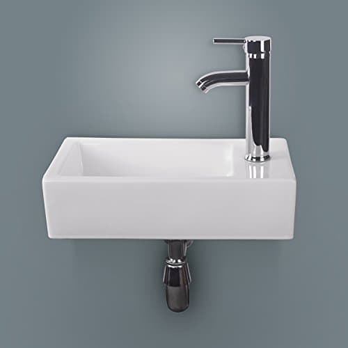 BATHJOY Bathroom Rectangle Wall Mount White Porcelain Ceramic Vessel Sink with Chrome Faucet Combo