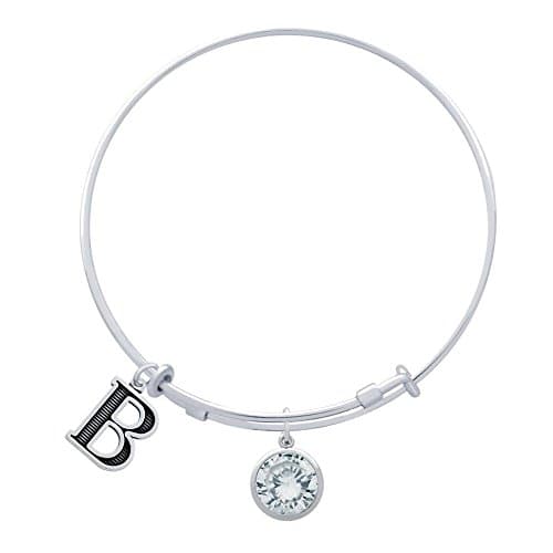 Jenaforte © .925 Sterling Silver Expandable Charm Bangle Birthstone & Initial Charms B-APR