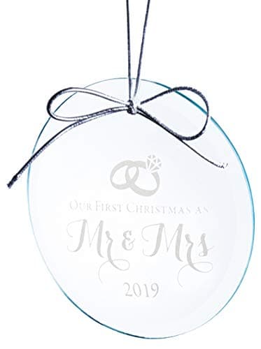 Mr and Mrs Wedding Ornament 2020 - Elegant Design Etched on Jade Crystal (3 Inches) in Black Box - Our First Year Together, Just Married Newlywed
