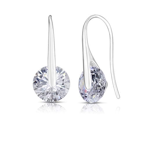 925 Solid Sterling Silver and Floating Spinning Cubic Zirconia Drop Dangling Designer Pierced French Wire Earrings.