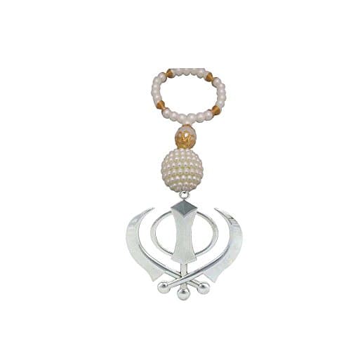 Galaxy Karmaa Silver Khanda For Car Rear Mirror With Pearl Chain