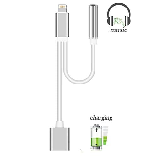 2 in 1 Lightning Adapter for iPhone 7 / 7 Plus / iphone 6S / 6 Plus - 3.5mm Audio Adapter Charging Cable - Cell Connectors Lightning Charger Earphone Jack Cable - Silver