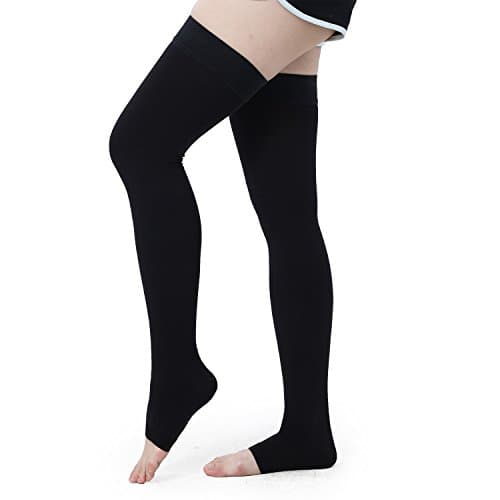 Bogeli Graduated Compression Stockings Open Toe Thigh High 30-40 mmHg Black Medium