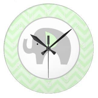 Modern Gray Elephant Green Chevron Round Large 10.75" Wall Clock