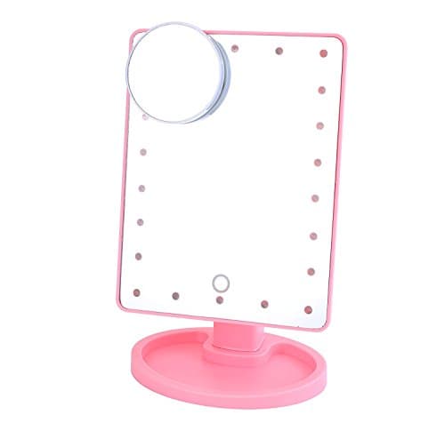Makeup Mirror, Vievogue Lighted Vanity Mirror with 22 LED lights & Touch Screen Dimmable and Detachable 10x Magnifying Spot Mirror for Bathroom Bedroom Desktop Tabletop (Pink)