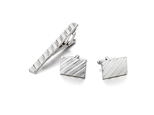 Valoven Silver Tone 2.3 Inches Tie Clip Cufflinks, Handmade Gift Boxed Tie Clip and Cufflink Set