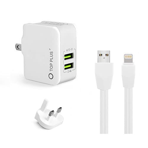 TOP PLUS 2.4A 12W 2-Port USB Wall Charger PowerPort 2 with PowerIQ US UK Travel Adapter/Foldable Plug/Lightning Cable for iPhone,iPad, Samsung Galaxy, HTC,LG,Nexus,Moto,Blackberry and More