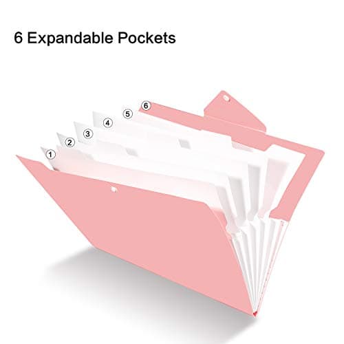FHEAL File Folders Plastic 6 Pockets File A4 Letter Size 1/6 Cut Tabs Expanding File Folder with Snap Button Love Cute Documents Paper Organizer Accordion Folder for Students (Pink 1 Pack 6 Pockets)