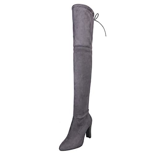 Thigh High Wide Womens Boots Side Zip Chunky High Heel Faux Suede Over The Knee Boots for Women