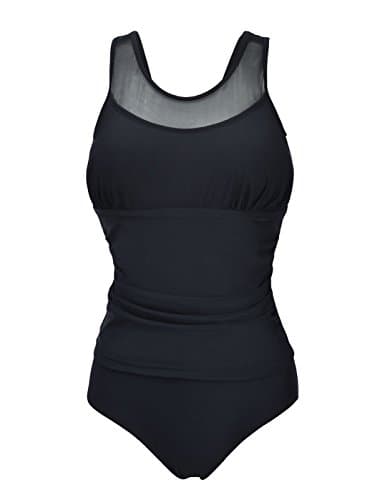 Mirrous Women's Plus Size Mesh Ruched One Piece Swimsuit Padded Malliot Swimwear (XXXXL (Fit US 16-18), Black)