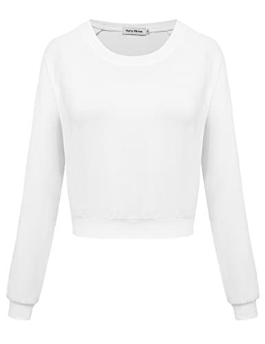 Mely Shine Women's Crew Neck Long Sleeve Basic Casual Crop Top Sweatshirt White M