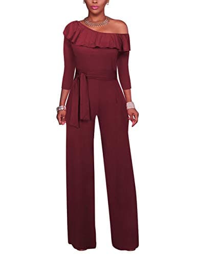 Vilover Women Jumpsuits Off Shoulder Solid Jumpsuits Wide Leg Long Romper Pants with Belt