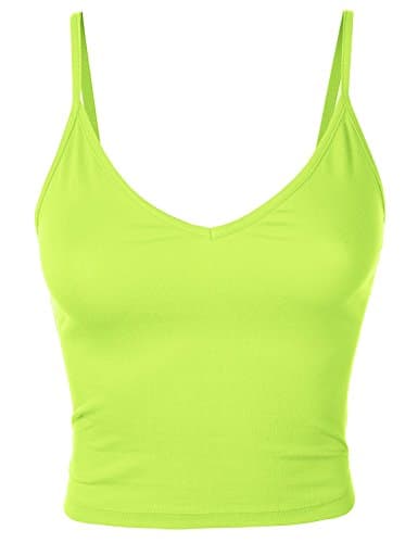 Luna Flower GTEW116 Women's Spaghetti Straps Basic V-Neckline Tank Crop Top NEON_Yellow Large