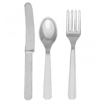 24 Plastic Cutlery Birthday Wedding Solid Colours Tableware Party Supplies plastic spoons and forks set (Silver)