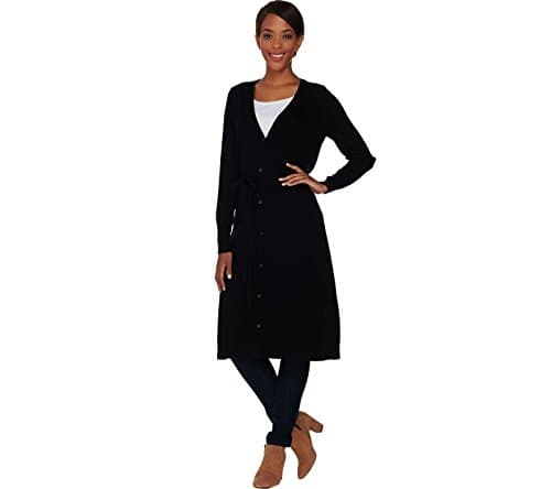 Halston Silk-Cashmere Long Cardigan Drawstring A280010, Black, 3X