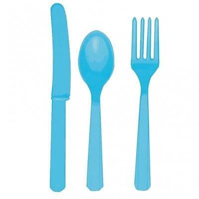 24 Plastic Cutlery Birthday Wedding Solid Colours Tableware Party Supplies plastic spoons and forks set (Caribbean Blue)