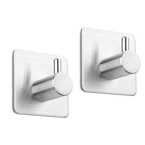 2 Pack of Self Adhesive Single Coat Towel Robe Hook Rack Rail, AIKZIK® Brushed Finish Stainless Steel Heavy Duty Hanger for Kitchen Bathrooms Lavatory Closets, Water and Rust Proof